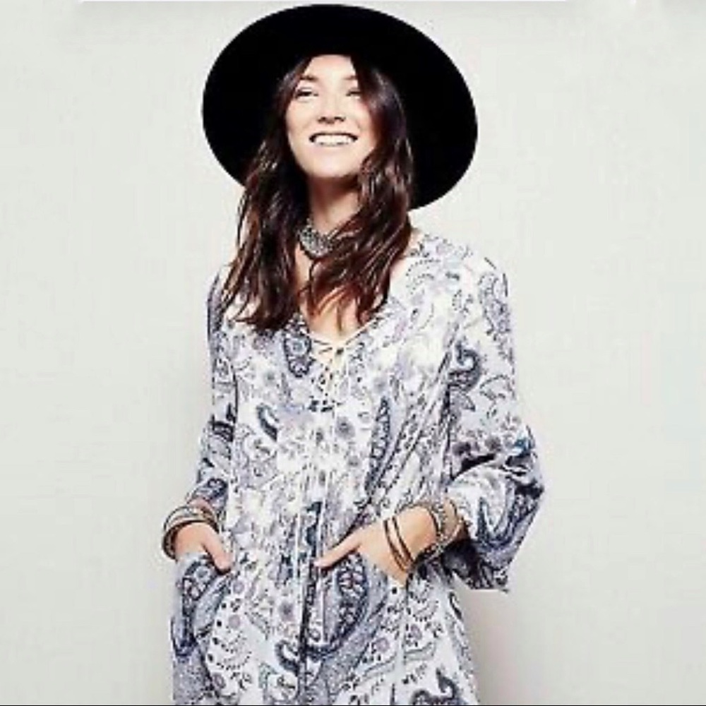 Free People Rain Or Shine Lace Up Long Sleeve Mini Dress Ivory Comb Size Small - Picture 3 of 11
